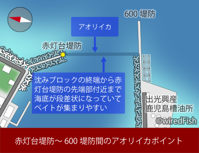 【ポイント図】赤灯台堤防と600堤防の間のアオリイカポイント