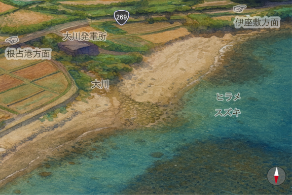 大川河口の砂浜